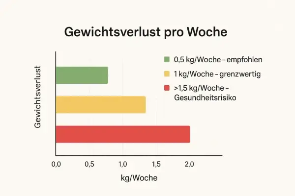 Grafik zeigt, wie viel kann man in einem monat abnehmen: 0,5 kg/Woche ist empfohlen, 1 kg/Woche grenzwertig, über 1,5 kg/Woche birgt Gesundheitsrisiko.
