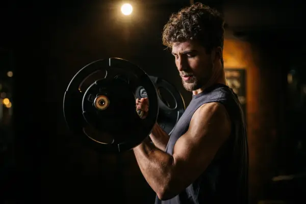 Mann mit lockigem Haar hebt Hantel im Fitnessstudio. Fokus auf Muskelaufbau und **bulking deutsch**.